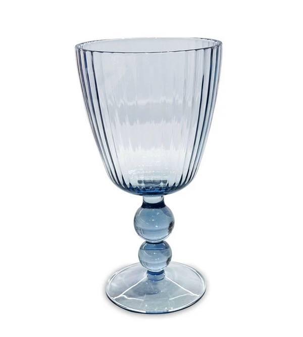 The Beatriz Ball Vida Acrylic Drinkware Set of 4 in Blue features blue-tinted goblets with vertical ribbed bowls and stems with two stacked spheres above wide bases—perfect for all-purpose use or as a chic set.