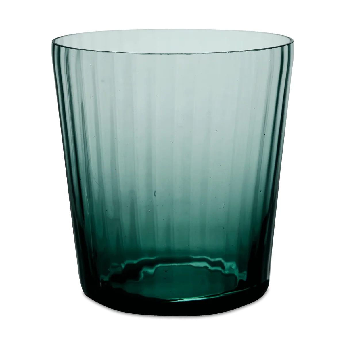 A Lando Pleat Glassware tumbler by MATCH, crafted from dark green transparent glass with vertical ridges, stands against a plain white background, its elegant form reflecting the artistry of antique Italian glass made using traditional Venetian techniques.