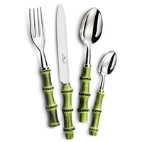 The Alain Saint-Joanis Bamboo Flatware 5 Piece Setting features stainless steel tops and green wood handles with a bamboo look, made in France for stylish dining. Includes fork, knife, soup spoon, teaspoon, and salad fork.