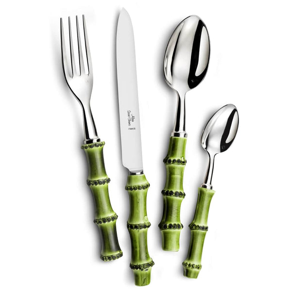 The Alain Saint-Joanis Bamboo Flatware 5 Piece Setting features stainless steel tops and green wood handles with a bamboo look, made in France for stylish dining. Includes fork, knife, soup spoon, teaspoon, and salad fork.