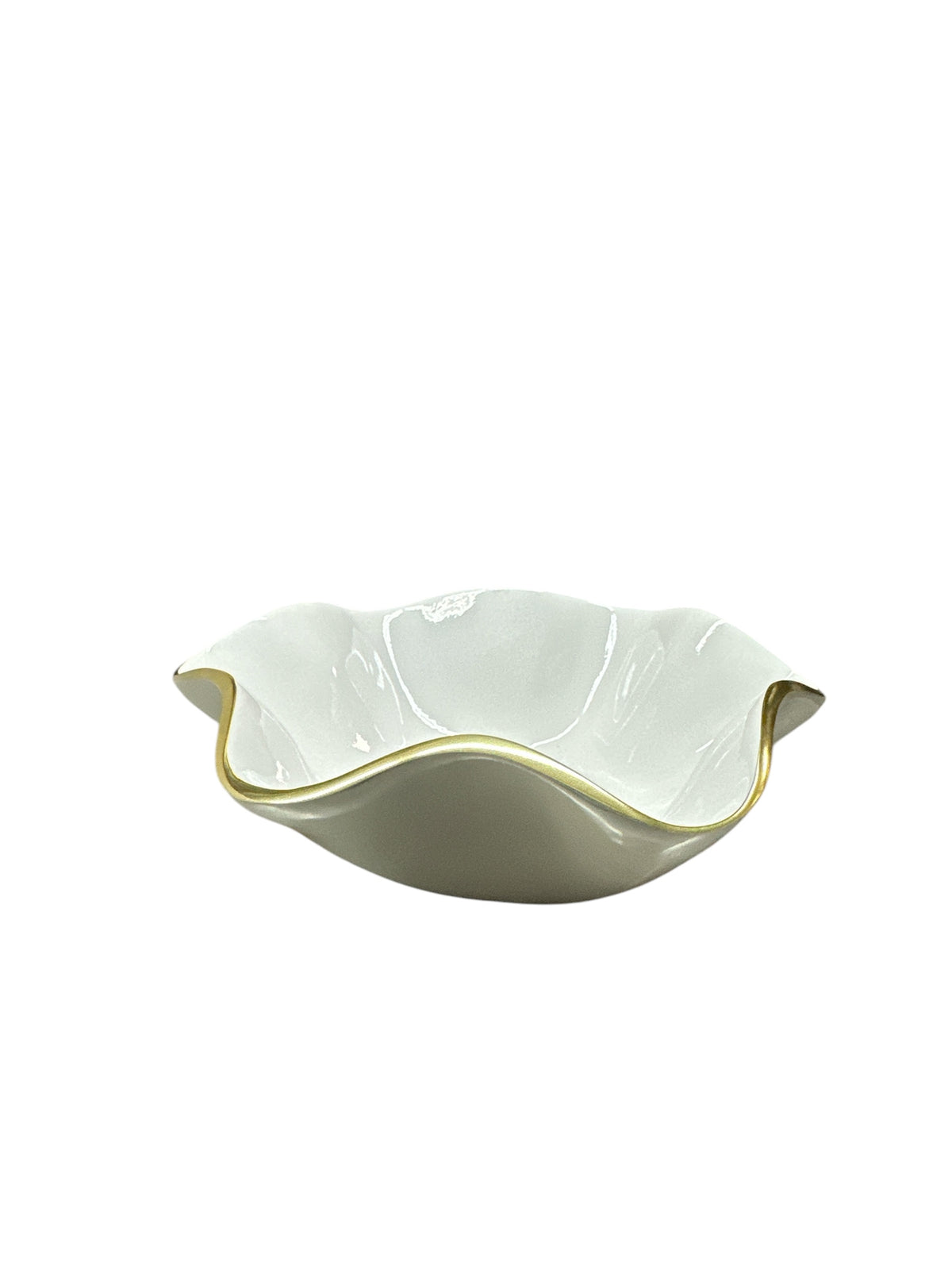 The Encanto Carola Bowl - Small by Beatriz Ball is a white bowl with scalloped edges and a gold rim.