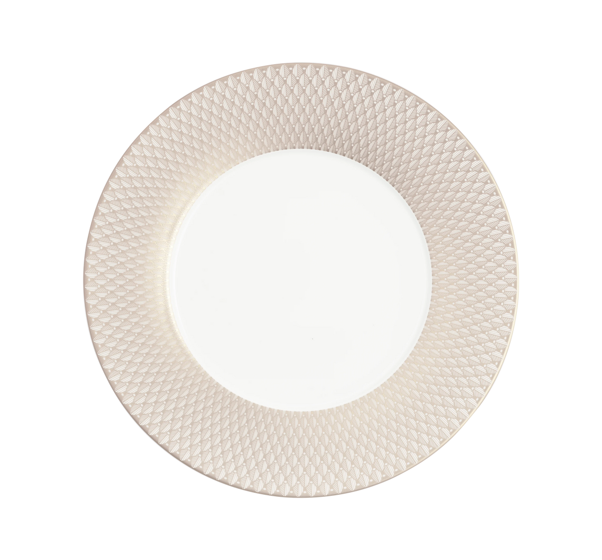 A round white plate from the Christofle Malmaison Imperiale Porcelain Dinnerware Platinum collection is displayed from a top-down view against a plain white background, featuring a textured light beige rim with a repeating diamond pattern—an elegant and refined piece of dinnerware.
