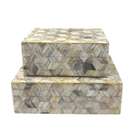 The Illusions Box by Bojay features two stacked decorative boxes, crafted from bone and covered in a light and dark brown geometric rhombus pattern for stylish, artful storage.