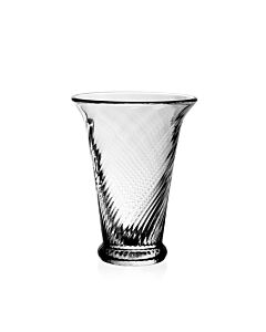 The William Yeoward Waves Flower Vase is a handmade clear crystal vase featuring a flared rim and textured diagonal swirls, shown against a plain white background.