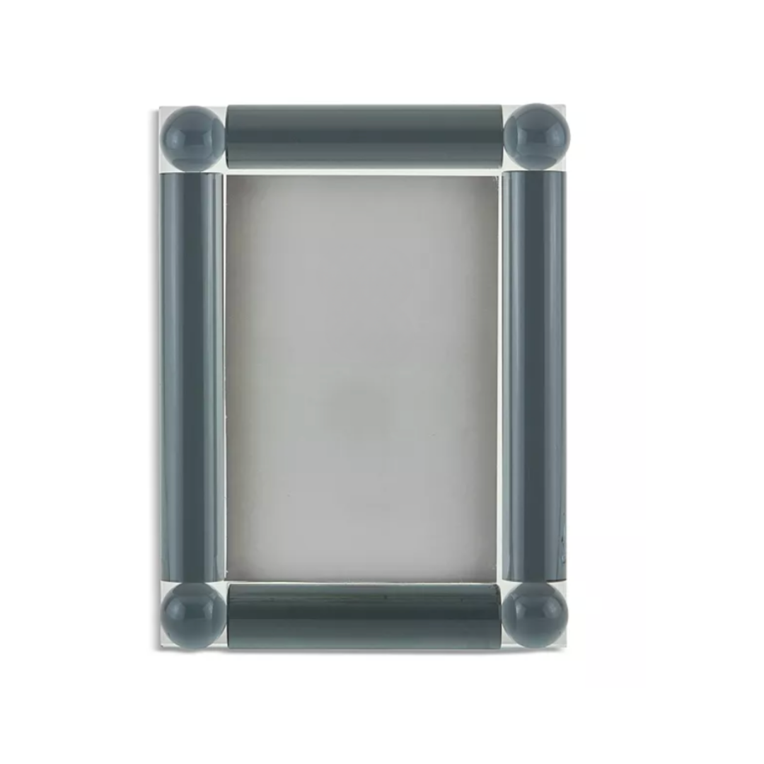 The Tizo Corner Ball Crystal Frame Grey features thick, dark grey cylindrical sides and round corner accents, creating an elegant way to display your favorite 5x7 photos.