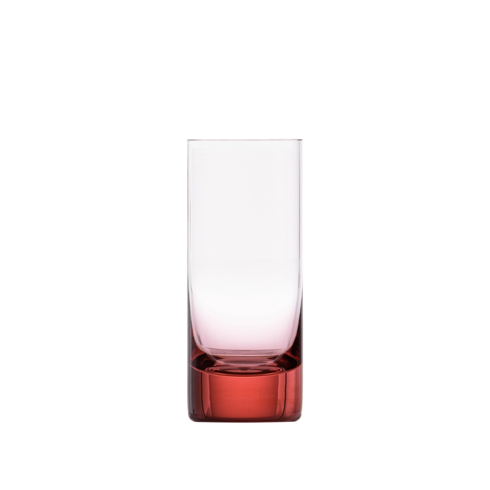 The Moser Whiskey Spirit Glass features clear glass with a thick, solid red base, reminiscent of a crystal shot glass, displayed against a white background.