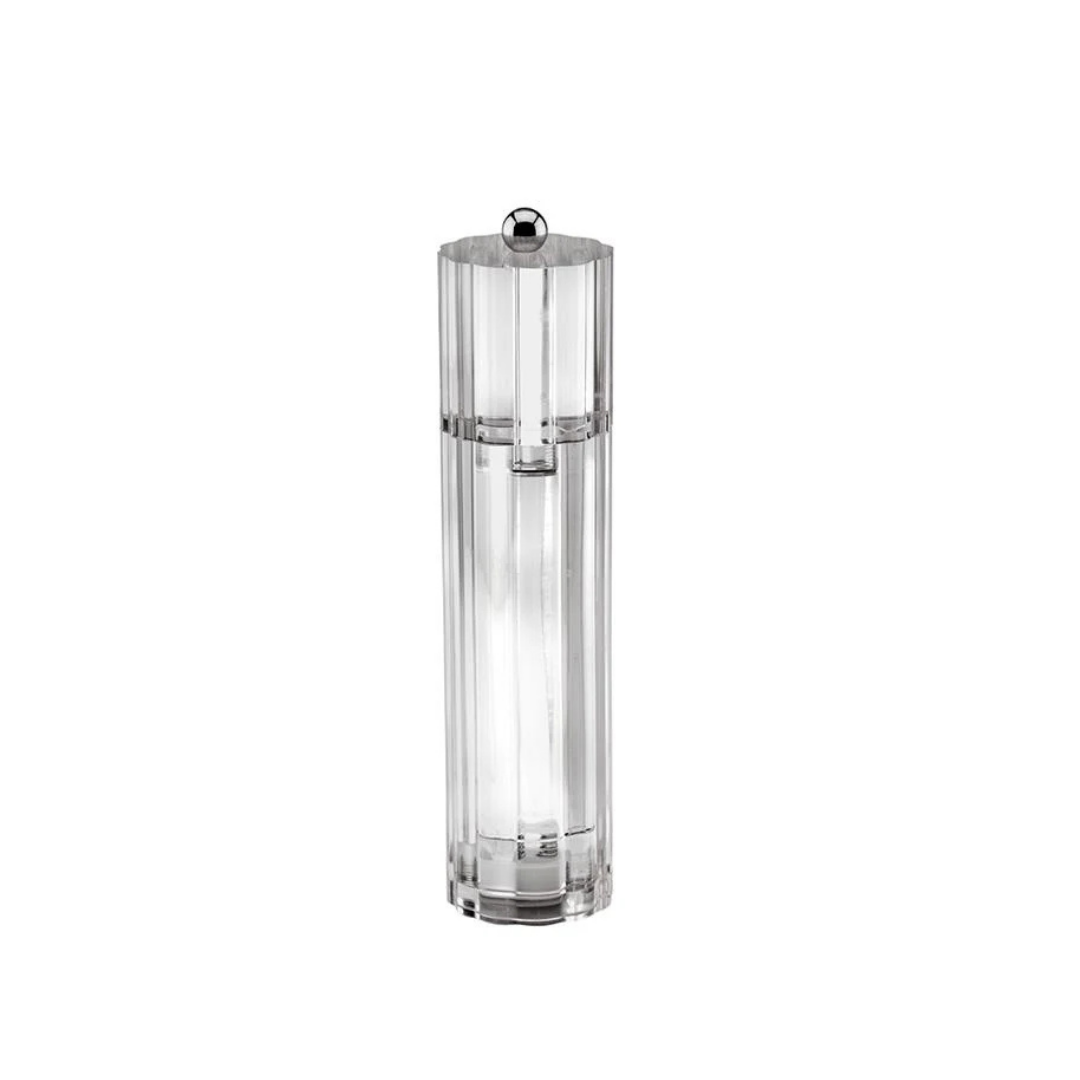 The Addison Ross Flute Salt & Pepper Shaker features clear acrylic with vertical ridges, a cylindrical shape, ceramic mechanism, and a round silver knob on top, shown standing upright against a white background.