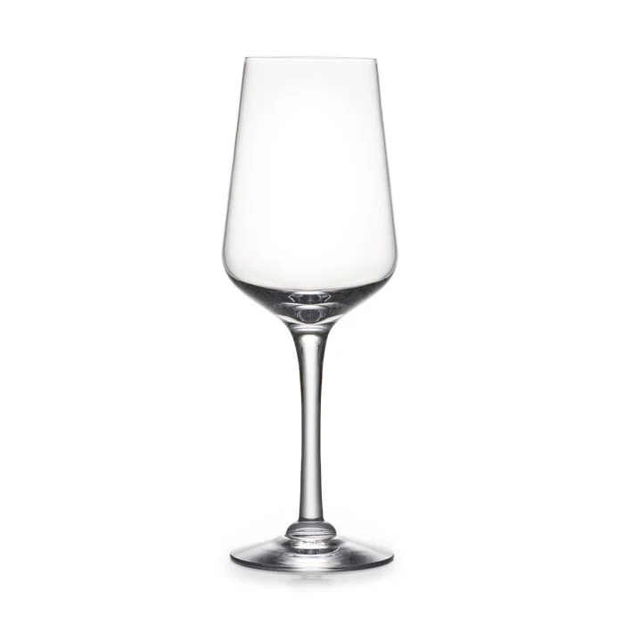 A clear, empty wine glass from Simon Pearce’s Vintner Stemware collection, featuring a classic pulled-stem design with a long stem and wide base, is displayed against a white background.