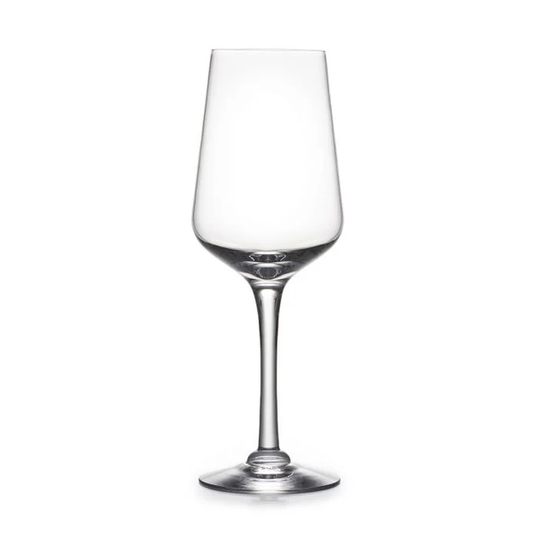 A clear, empty wine glass from Simon Pearce’s Vintner Stemware collection, featuring a classic pulled-stem design with a long stem and wide base, is displayed against a white background.