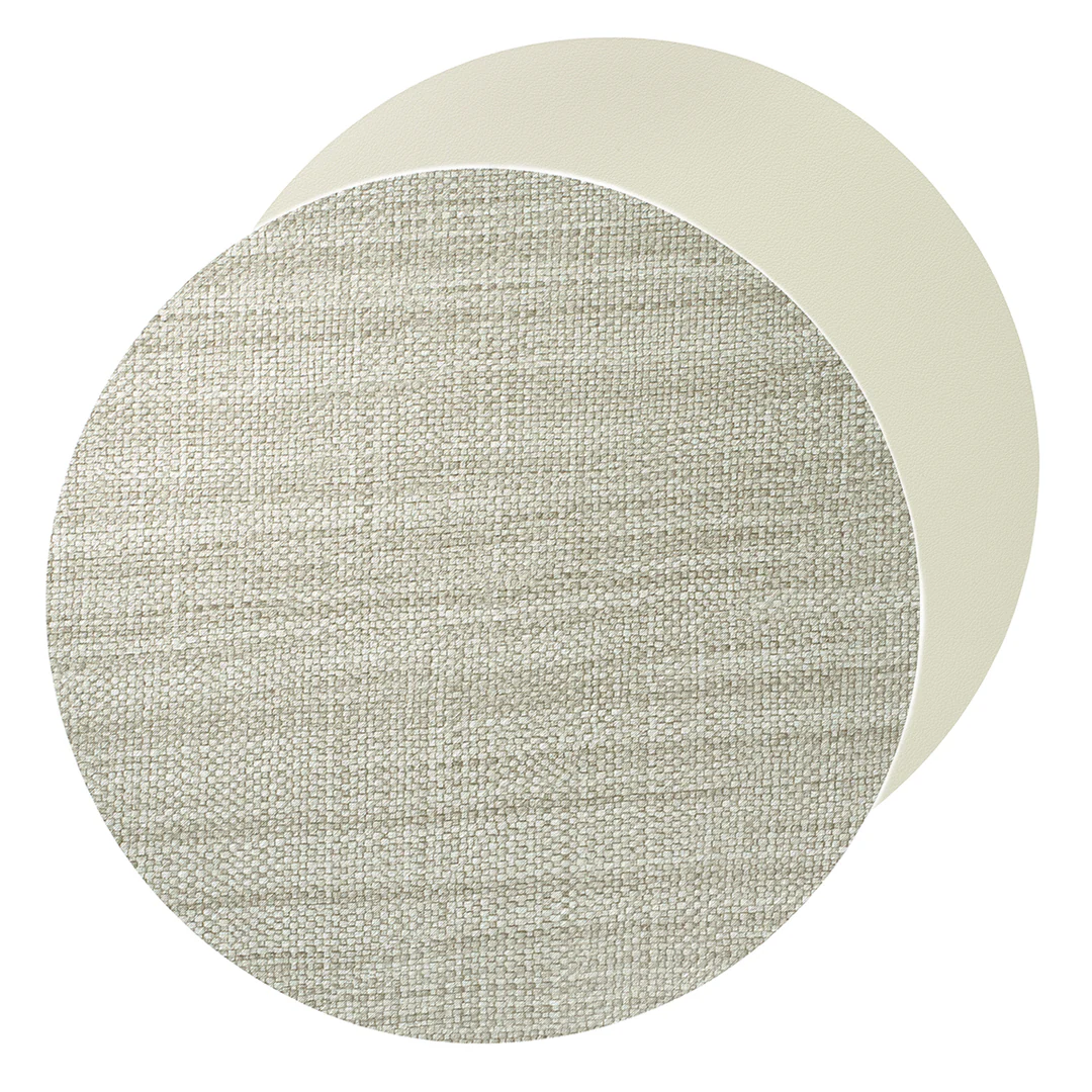 Two overlapping Bodrum Izmir Placemat Round s/4, one featuring a textured woven gray fabric on top and the other a smooth, solid off-white underneath.