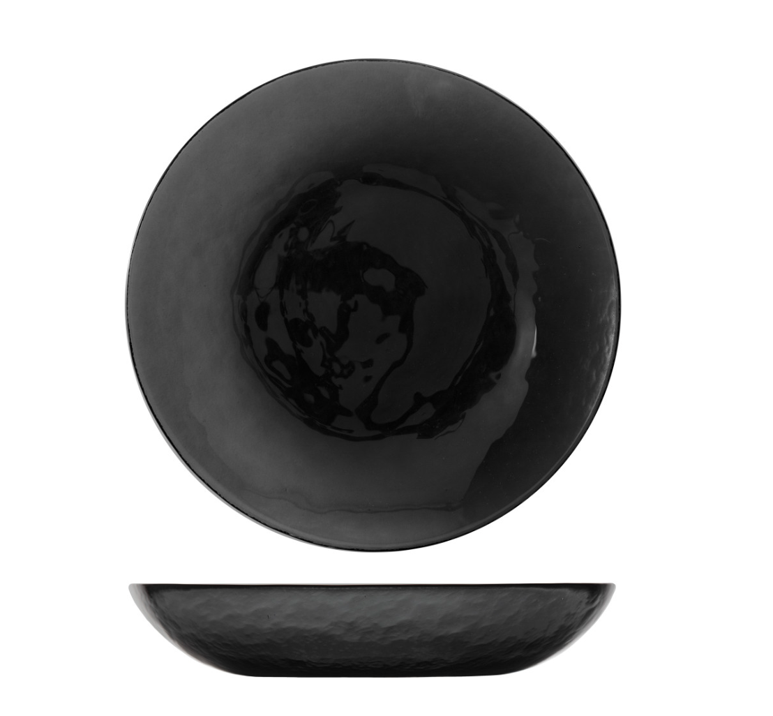 A glossy, round black ceramic bowl from the Fortessa Los Cabos Shadow Dinnerware 4 Piece set is displayed top-down and side view on a white background, featuring a subtly textured, hammered surface for an elegant look.
