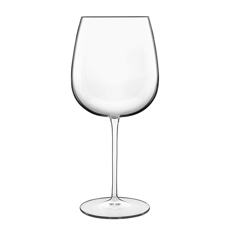 A clear, empty Luigi Bormioli Talismano Bar Collection Set wine glass with a large bowl, long stem, and circular base is displayed against a white background.