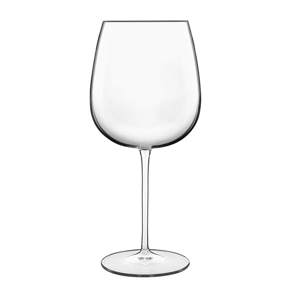 A clear, empty Luigi Bormioli Talismano Bar Collection Set wine glass with a large bowl, long stem, and circular base is displayed against a white background.