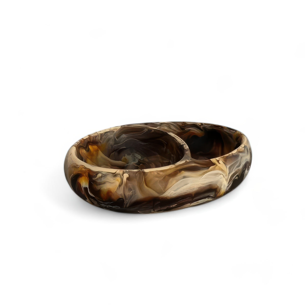 The Nashi Home Arila Split Bowl - Mocha features two compartments with a marbled brown, beige, and black design on a white background.