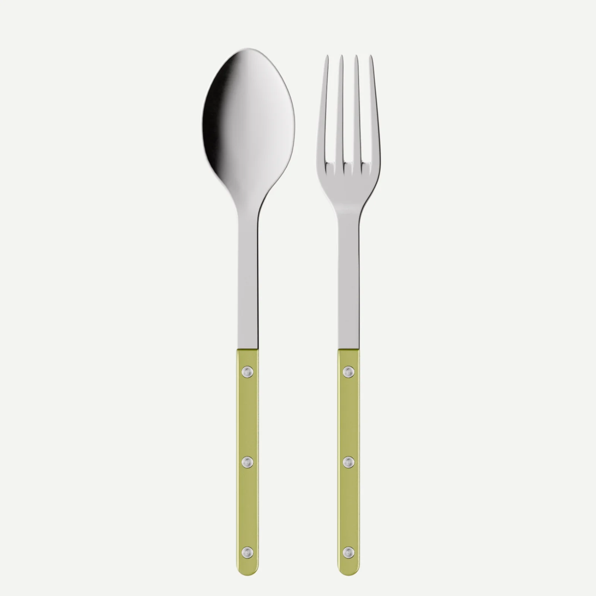 The Sabre Bistrot Pearly Serving Set features a metal spoon and fork with shiny silver heads and light green pearlescent handles with three small silver rivets, shown side by side on a white background.