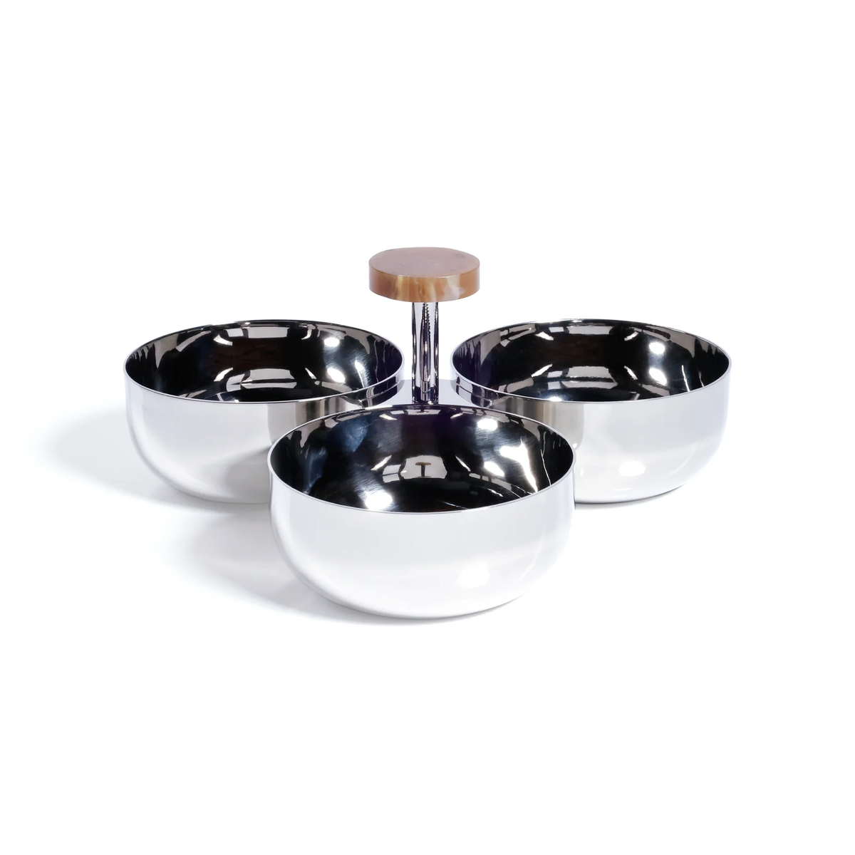 The Spector Condiment Set - Nickel & Amber by Zodax features three metallic serving bowls joined by a clear stand with a round wooden handle and marbled accent—an elegant addition to your barware collection.