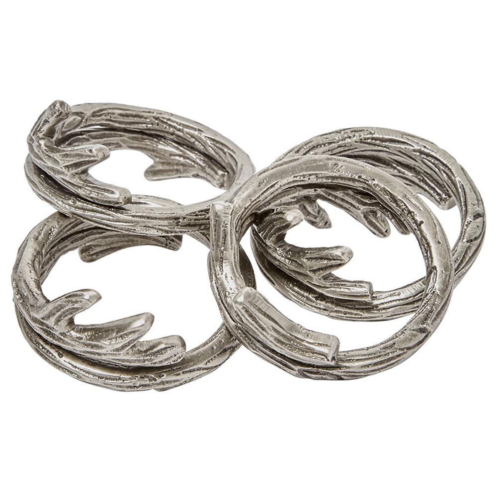 The Tara Napkin Ring Set of 4 by Blue Pheasant features intertwined silver rings with a branch-like texture, adding sophisticated style to any elegant dining table.