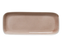A rectangular, light brown ceramic plate with rounded edges and a glossy finish from Jars - Rosenthal’s Maguelone Dinnerware Tamaris, featuring signature crackled glazes, viewed from above on a white background.