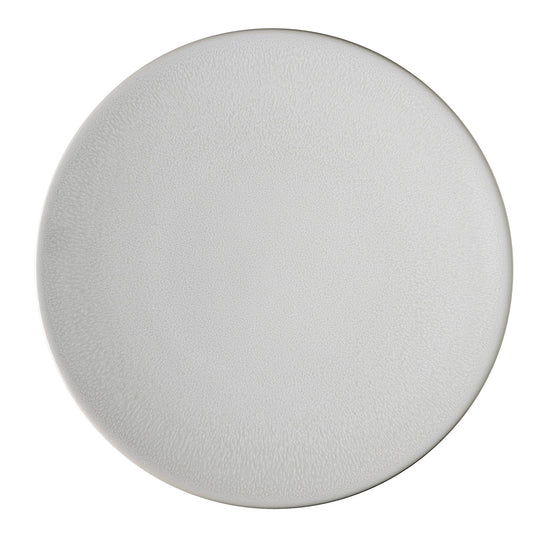 The Tourron Dinnerware Neige by Jars - Rosenthal is a handmade, round, light gray ceramic plate from France, shown from above on a white background.