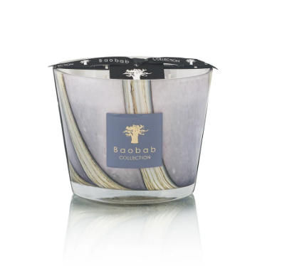 The Baobab Woods Broceliande Candle features a marbled gray and white glass, a black lid, and a gold tree logo inspired by Brittany's Brocéliande forest.