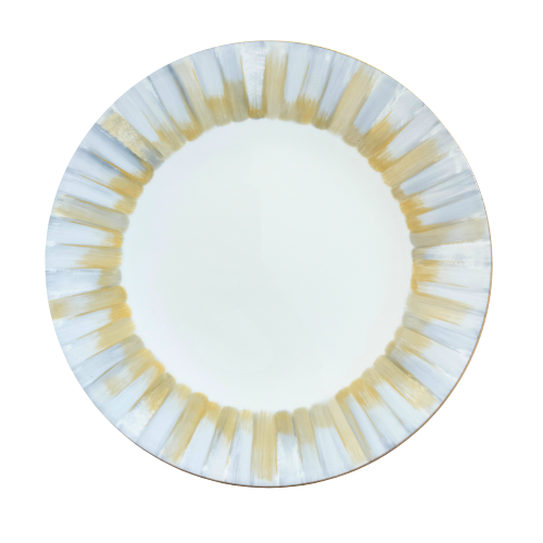The Marie Daage Panache plate by Marie Daâge is a luxury hand-painted porcelain dinnerware piece with a round white form and alternating gold and silver brushstroke borders radiating from the rim to the center.