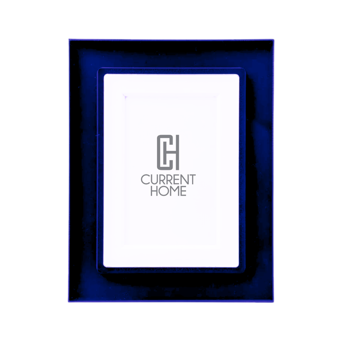 The Prisma Frame - Midnight by Bella Moulding features a rectangular shape with a dark blue border and white inner mat, crafted from archival materials, and displays the Current Home logo at its center.