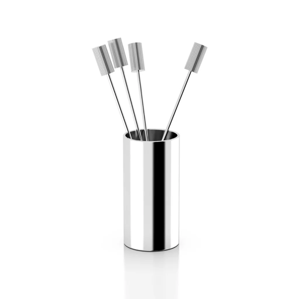 The Anna New York Striations Silver Cocktail Picks Set includes four stainless steel picks with flat handles in a sleek cylindrical holder, perfect for appetizers or drink garnishes. Set of 4 plus holder; stylish and functional.