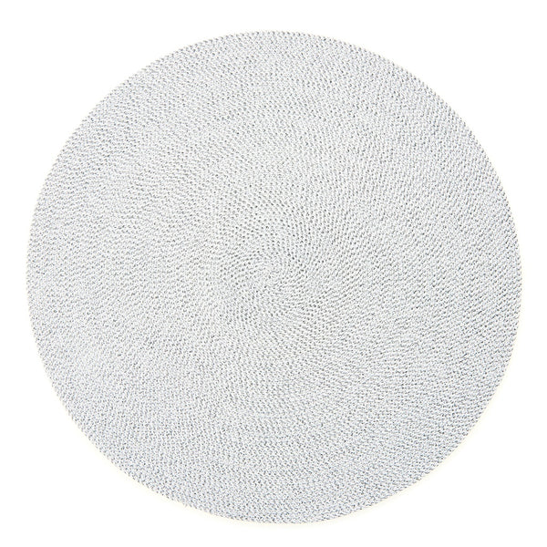 Round silver and white Deborah Rhodes Shimmer Placemat featuring a spiral woven texture.