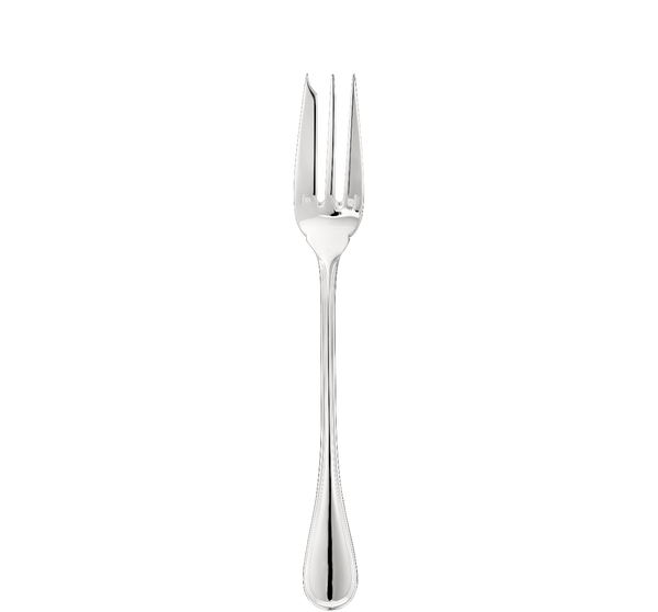 The Christofle Albi Acier stainless steel serving fork features three wide, tapered tines and a decorative handle, displayed vertically on a plain white background.