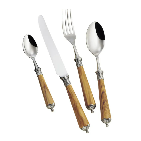The Alain Saint-Joanis Ambiance Flatware 5 PPS set features a spoon, knife, fork, and teaspoon with polished stainless steel and elegant olivewood handles, all handcrafted in France and shown on a white background.