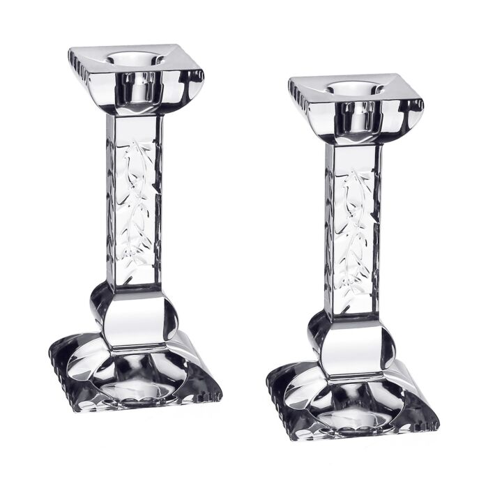 The William Yeoward Nicola Candlesticks Set of 2 features elegant clear crystal with square bases and decorative etched stems—ideal as a wedding gift or to elevate home décor, shown against a white background.