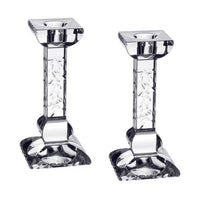 The William Yeoward Nicola Candlesticks Set of 2 features elegant clear crystal with square bases and decorative etched stems—ideal as a wedding gift or to elevate home décor, shown against a white background.
