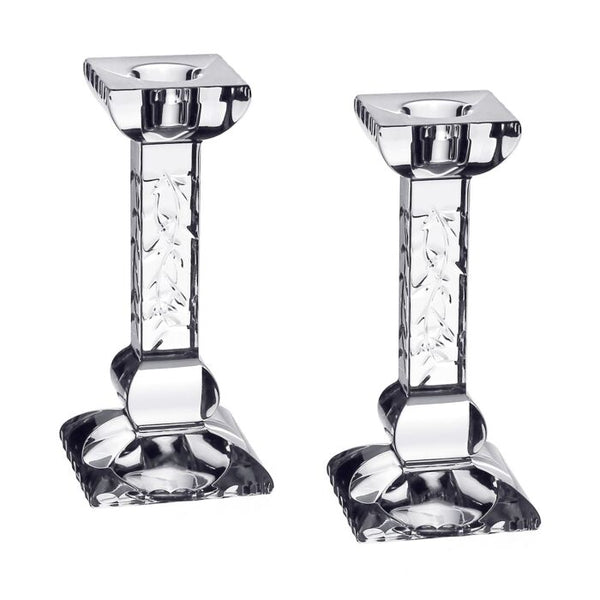 The William Yeoward Nicola Candlesticks Set of 2 features elegant clear crystal with square bases and decorative etched stems—ideal as a wedding gift or to elevate home décor, shown against a white background.