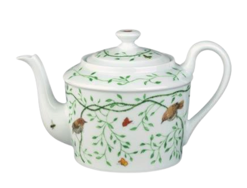 The Raynaud Histoire Naturelle Dinnerware teapot features white ceramic adorned with green vines, rare birds, and orange butterflies. Its curved spout, rounded handle, and knobbed lid make it perfect for refined dining.
