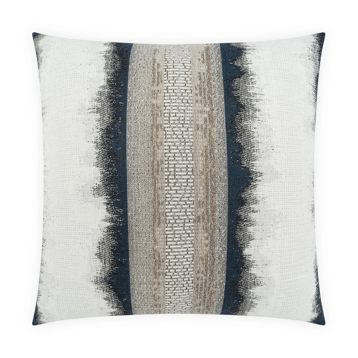 The Outdoor Pillow Drifting 22 x 22 by D.V. KAP / Canaan Company features a square design with a textured surface, showcasing a central beige vertical stripe flanked by dark blue and off-white wavy patterns on a white background. This weather-resistant pillow is ideal for adding both style and comfort to your patio.