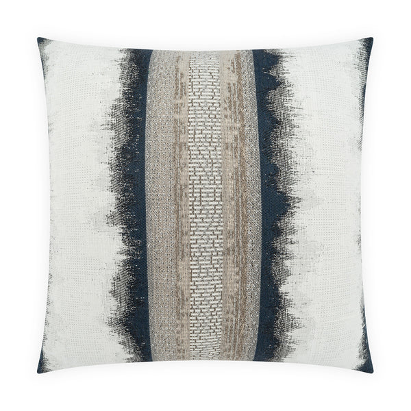 The Outdoor Pillow Drifting 22 x 22 by D.V. KAP / Canaan Company features a square design with a textured surface, showcasing a central beige vertical stripe flanked by dark blue and off-white wavy patterns on a white background. This weather-resistant pillow is ideal for adding both style and comfort to your patio.