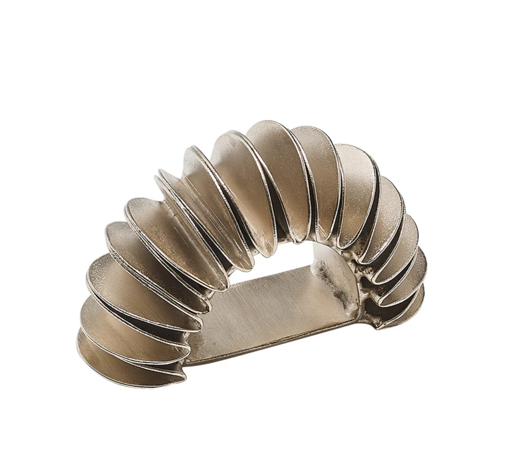 The Kim Seybert Demilune Napkin Ring Silver Set of 4 features metallic, Slinky-like pieces curved in a semi-circular arch with flat ends, displayed on a white background.