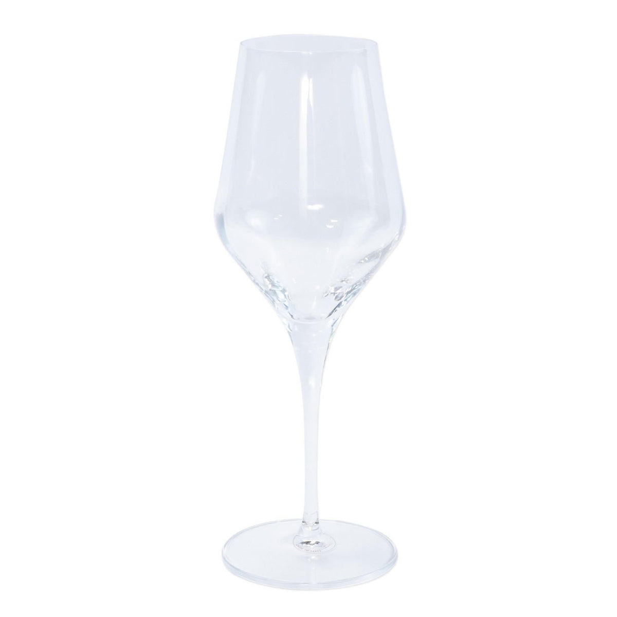 The Contessa Water Glass Clear by Vietri stands upright with a long stem and wide bowl against a plain white background.