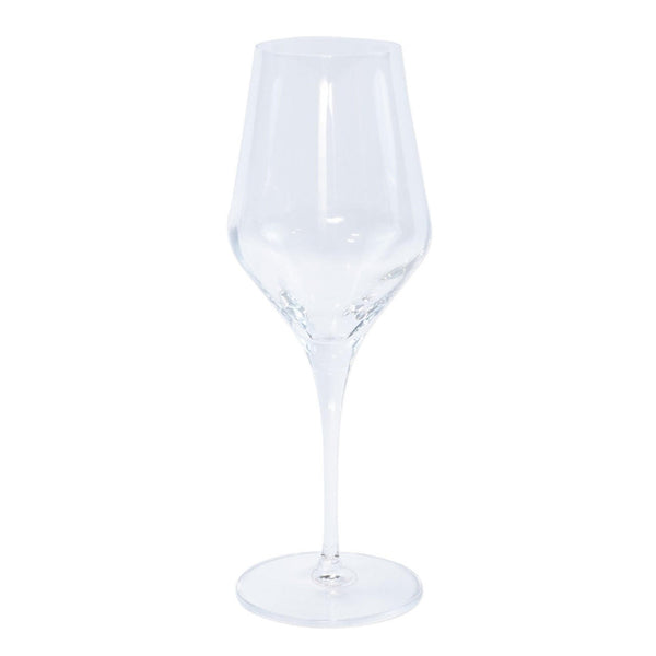 The Contessa Water Glass Clear by Vietri stands upright with a long stem and wide bowl against a plain white background.