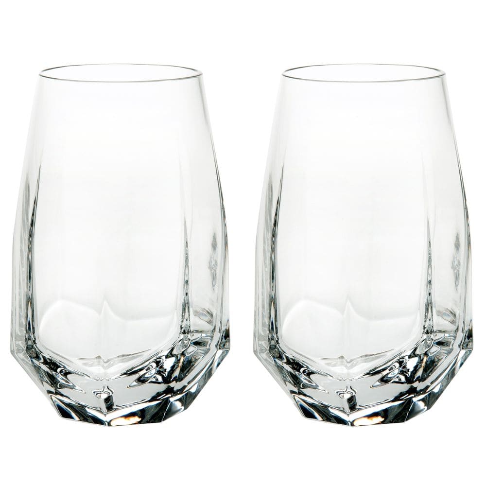 The Vista Alegre Gemstone Highball Set of 2 features clear, geometric tumblers with angled sides and a sturdy base, shown side by side on a white background. These modern glasses are dishwasher safe for easy cleaning.