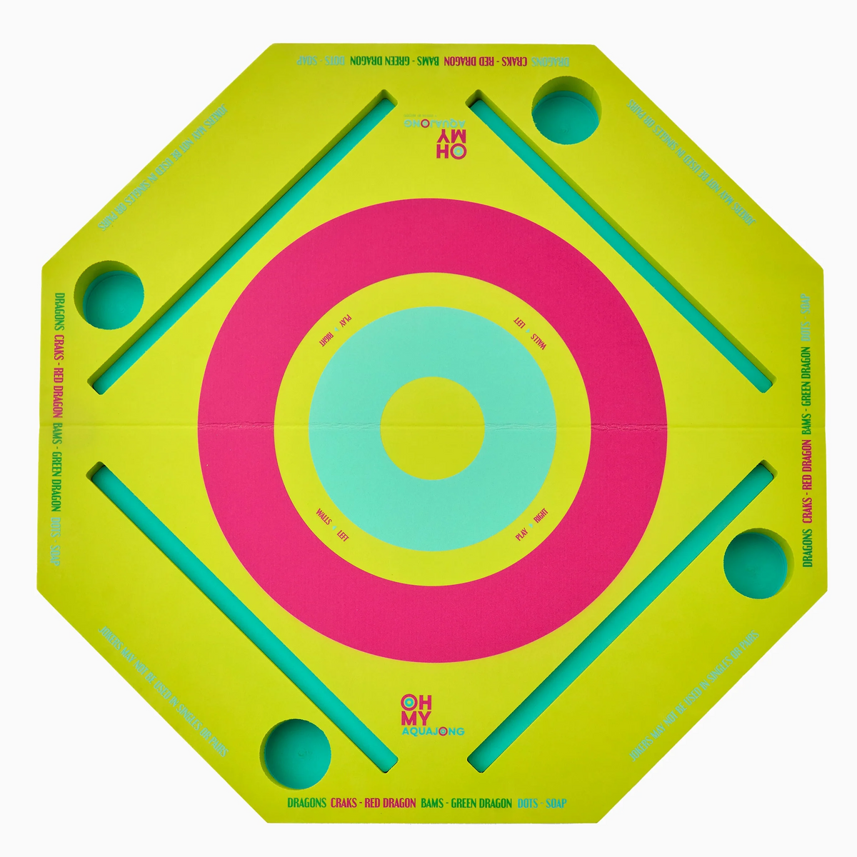 The Oh My Mahjong Mahjong Aqua Pool Mat is a bright yellow, octagonal mat featuring teal accents, concentric pink, yellow, and teal rings, and "OH MY AQUAJONG" in teal text.