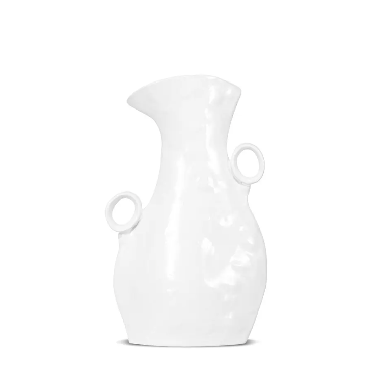 Montes Doggett’s Ceramic Serveware - Pitcher 922 is a white, high-fired ceramic pitcher featuring two circular handles on each side and a wide, slightly tilted spout, showcased against a plain white background.
