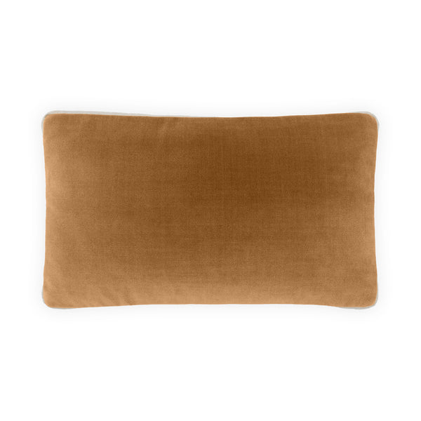 The Deveraux Contrasting Box Edge Pillow in Cognac (12 x 22) by D.V. KAP / Canaan Company, a rectangular light brown velvet geometric throw pillow, is shown against a white background.