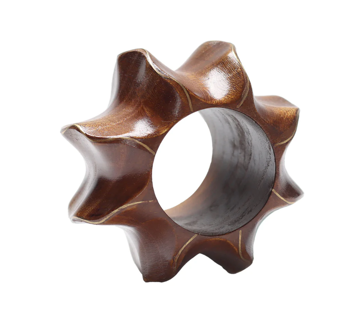 The Kim Seybert Twist Napkin Ring Set of 4 in brown and gold features star-shaped teak rings with smooth, rounded points and a hollow center, displayed against a white background.