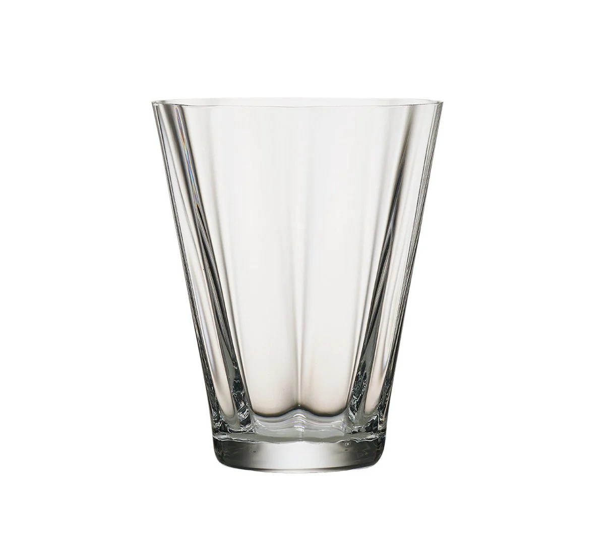 The Kim Seybert Daphne Drinkware Set of 4 features clear glass tumblers with gold accents, a slightly flared shape, and vertical facets reminiscent of fine Czech glassware, shown against a white background.