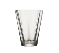 The Kim Seybert Daphne Drinkware Set of 4 features clear glass tumblers with gold accents, a slightly flared shape, and vertical facets reminiscent of fine Czech glassware, shown against a white background.