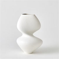The Hushed Matte Vase by Global Views / Surya is a minimalist white ceramic piece with smooth, organic hourglass curves and a matte finish, displayed against a plain white background.