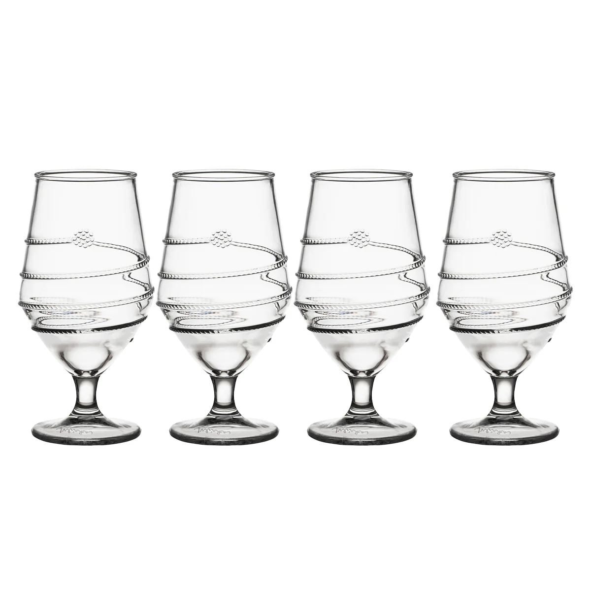 The Juliska Amalia Acrylic Goblet Set of 4 in Clear features signature swirling and beaded detailing around the bowl, plus a classic footed base—combining elegant presentation with durable acrylic construction.