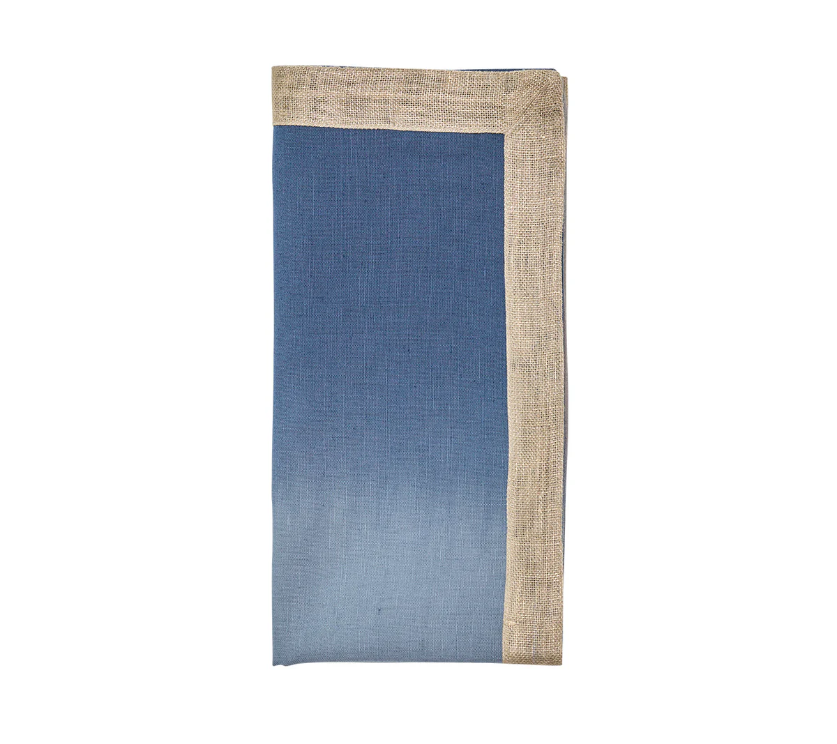 The Kim Seybert Dip Dye Napkins - Cool Tones (set of 4) are neatly folded blue linen napkins with tan borders on two sides, displayed on a white background.