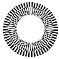 The Manhattan Lacquer Placemat Set of 4 by Von Gern Home features a bold circular design with piano key–like black and white segments radiating around a white center—perfect for adding modern style to your table.